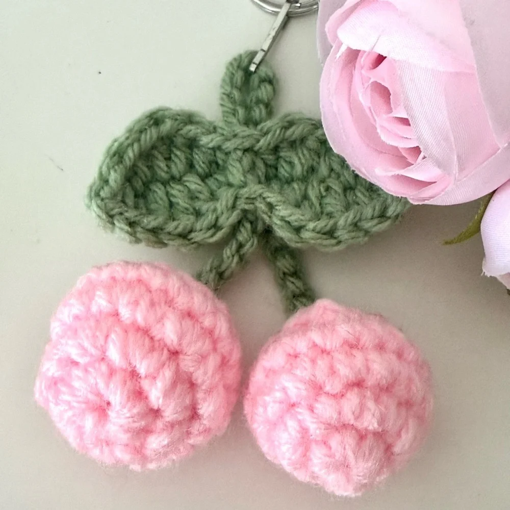 Handmade Crochet Cherry Keychain – Cute Pink Amigurumi Bag Charm - Picture 3 of 7
